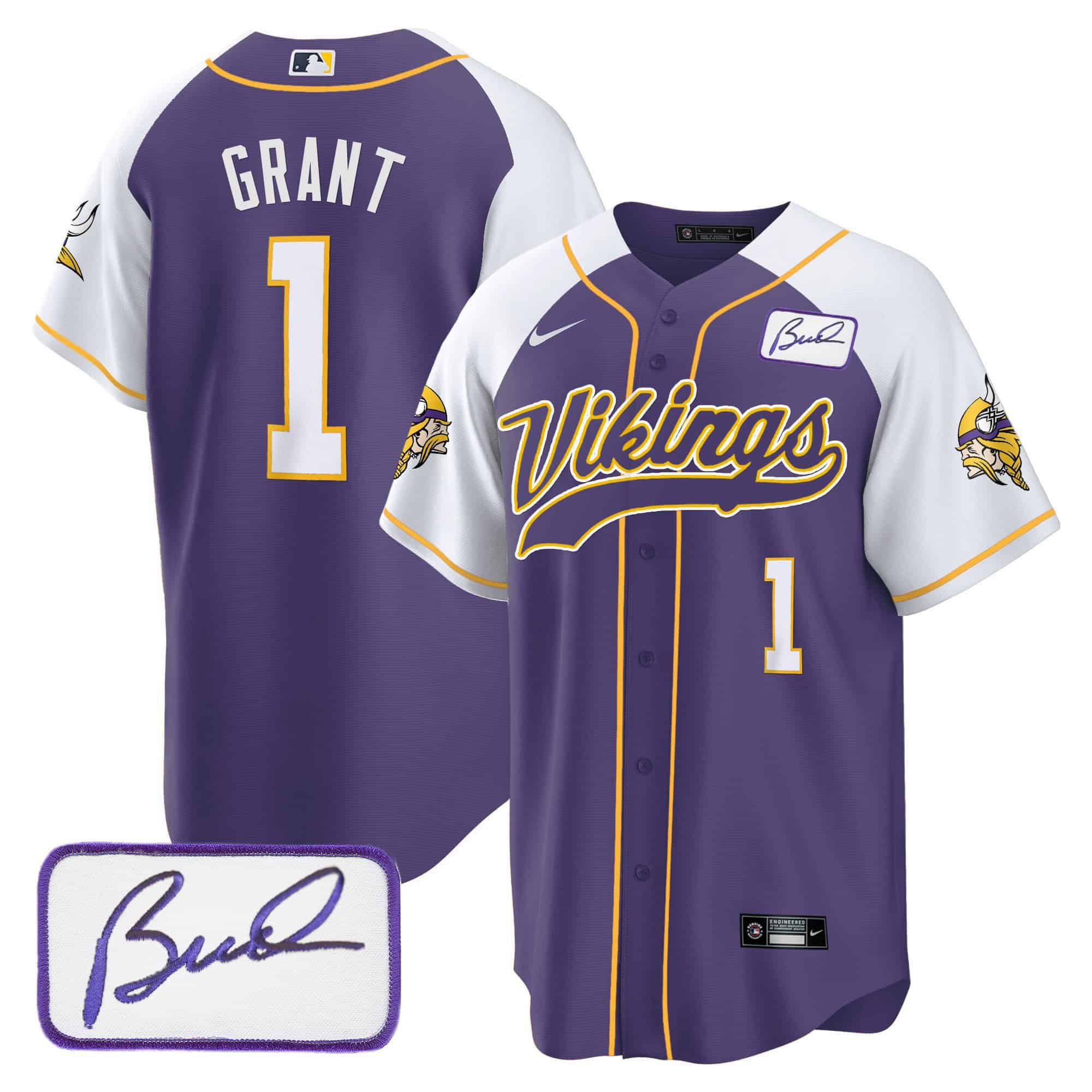 Men Minnesota Vikings 1 Grant Purple 2024 Nike Bud Grant Patch Classic Baseball NFL Jersey